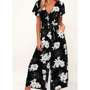 Lulus North Pacific Black and White Floral Print Culotte Jumpsuit Large Wide Leg